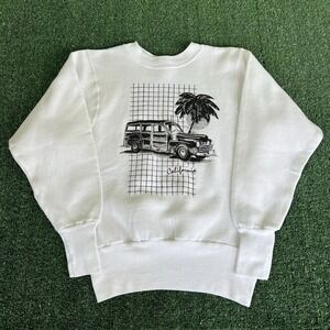 VTG 70s Men Velva Sheen White Reverse Weave Califonia Car Tree Sweatshirt Medium